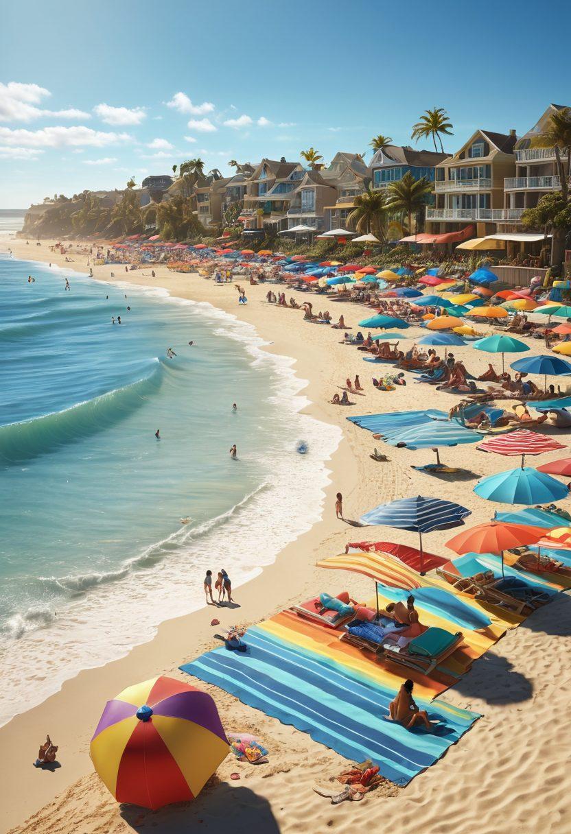 A vibrant beach scene showcasing sunbathers lounging on colorful towels, surfers riding ocean waves, and families playing beach volleyball under a clear blue sky. Include umbrellas, surfboards, and beach balls scattered around to capture the lively atmosphere. The sun shining brightly, casting playful shadows on the sand. super-realistic. vibrant colors. 3D.