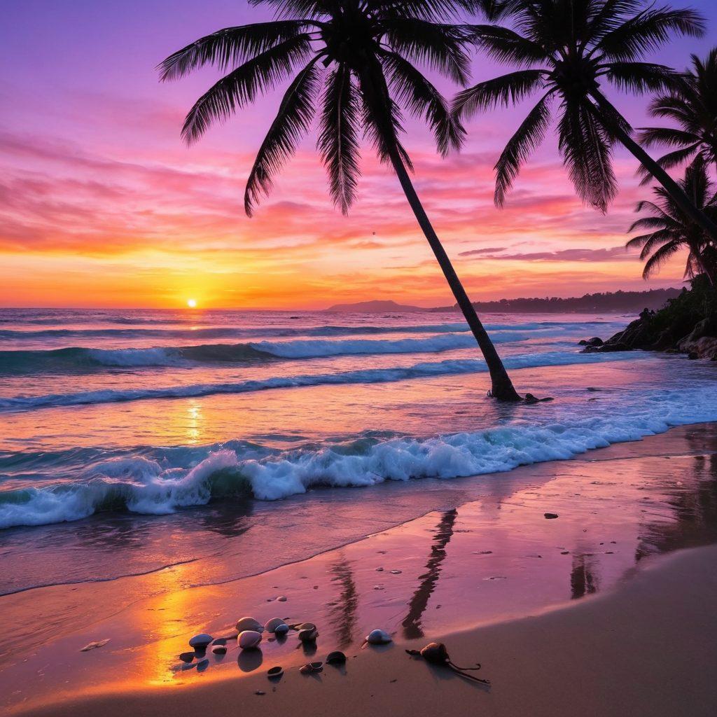 A tranquil beach scene showcasing a vibrant sunset with waves gently crashing against the shore, adorned with seashells and driftwood. Include silhouettes of surfers and beachgoers enjoying the coastal lifestyle, along with colorful beach umbrellas and lush palm trees. The sky should be a blend of orange, pink, and purple hues, reflecting the serene spirit of the ocean. super-realistic. vibrant colors. 3D.