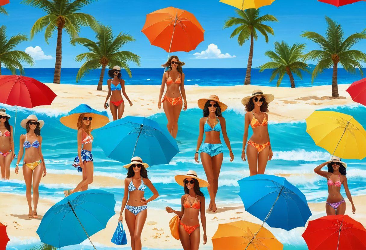 A sun-drenched beach scene featuring stylish beachwear trends on diverse models, vibrant ocean waves crashing behind them. Include colorful beach umbrellas, palm trees swaying in the breeze, and fashionable accessories like sun hats and sunglasses. The overall atmosphere should radiate joy and adventure, capturing the essence of summer by the sea. super-realistic. vibrant colors. bright blue sky.